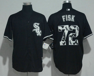Men's Chicago White Sox #72 Carlton Fisk Retired Black Team Logo Ornamented Stitched MLB Majestic Cool Base Jersey Men's Chicago White Sox #72 Carlton Fisk Retired Black Team Logo Ornamented Stitched MLB Majestic Cool Base Jersey