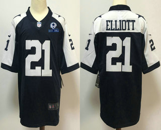 Men's Dallas Cowboys #21 Ezekiel Elliott Navy Blue Thanksgiving 60th Seasons Patch Vapor Untouchable Stitched NFL Nike Limited Jersey