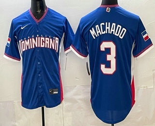 Men's Dominican #3 Manny Machado Blue 2026 World Baseball Classic Cool Base Jersey