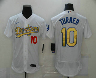 Men's Los Angeles Dodgers #10 Justin Turner 2020 White Gold  Sttiched Nike MLB Jersey