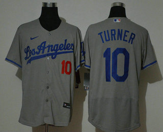 Men's Los Angeles Dodgers #10 Justin Turner Gray With Los Angeles Stitched MLB Flex Base Nike Jersey