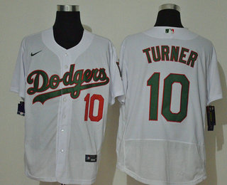 Men's Los Angeles Dodgers #10 Justin Turner White With Green Name Stitched MLB Flex Base Nike Jersey