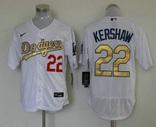Men's Los Angeles Dodgers #22 Clayton Kershaw 2020 White Gold Sttiched Nike MLB Jersey