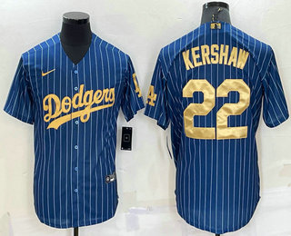 Men's Los Angeles Dodgers #22 Clayton Kershaw Navy Blue Gold Pinstripe Stitched MLB Cool Base Nike Jersey