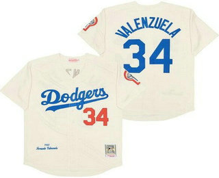 Men's Los Angeles Dodgers #34 Fernando Valenzuela Cream 1981 Throwback Jersey