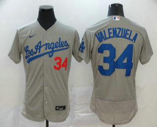 Men's Los Angeles Dodgers #34 Fernando Valenzuela Gray Road Stitched MLB Flex Base Nike Jersey