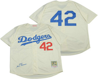 Men's Los Angeles Dodgers #42 Jackie Robinson Cream No Name 1955 Mitchell & Ness Throwback Jersey