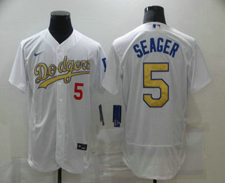 Men's Los Angeles Dodgers #5 Corey Seager 2020 White Gold Sttiched Nike MLB Jersey
