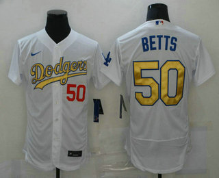 Men's Los Angeles Dodgers #50 Mookie Betts 2020 White Gold Sttiched Nike MLB Jersey