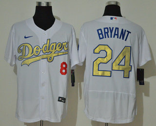 Men's Los Angeles Dodgers #8 #24 Kobe Bryant 2020 White Gold Sttiched Nike MLB Jersey
