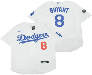 Men's Los Angeles Dodgers #8 Kobe Bryant White Sleeved With KB Patch Stitched MLB Flex Base Nike Jersey