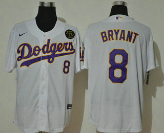 Men's Los Angeles Dodgers #8 Kobe Bryant White With Purple Name KB Patch Stitched MLB Cool Base Nike Jersey