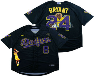 Men's Los Angeles Dodgers Front #8 Back #24 Kobe Bryant Black With KB Patch Cool Base Stitched MLB Fashion Jersey 01