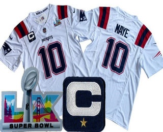 Men's New England Patriots #10 Drake Maye Limited White Captain Patch Super Bowl LX FUSE Vapor Jersey
