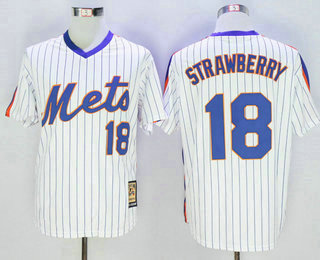 Men's New York Mets #18 Darryl Strawberry White Blue Strip Cool Base Cooperstown Collection Jersey