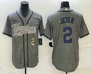 Men's New York Yankees #2 Derek Jeter Number Grey Gridiron Cool Base Stitched Baseball Jersey