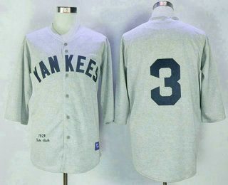 Men's New York Yankees #3 Babe Ruth 1929 Gray Wool Throwback Stitched MLB Jersey By Mitchell & Ness
