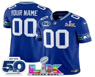 Men's Seattle Seahawks Active Player Custom Limited Blue Super Bowl LX Patch And 50TH Throwback FUSE Vapor Jersey