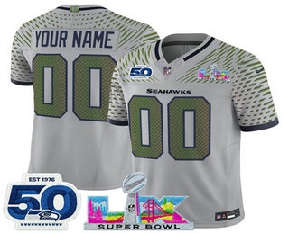 Men's Seattle Seahawks Active Player Custom Limited Gray Super Bowl LX Patch And 50TH Rivalries FUSE Vapor Jersey