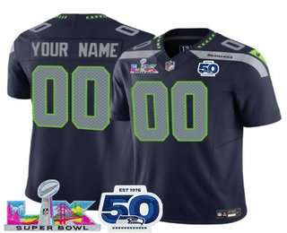 Men's Seattle Seahawks Active Player Custom Limited Navy Super Bowl LX Patch And 50TH FUSE Vapor Jersey
