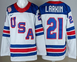 Men's USA #21 Dylan Larkin White 2026 Olympics Authentic Jersey
