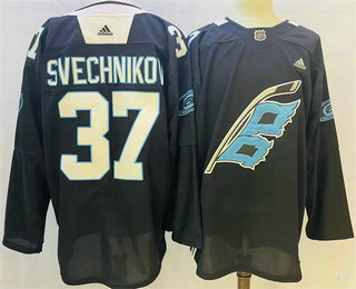 Mens Carolina Hurricanes #37 Andrei Svechnikov 2022 Black Warm up Stitched Jersey